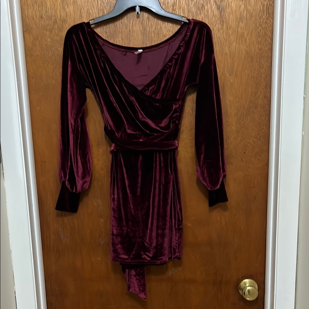 Red Wrap Dress with V-Neck and Bishop Sleeves